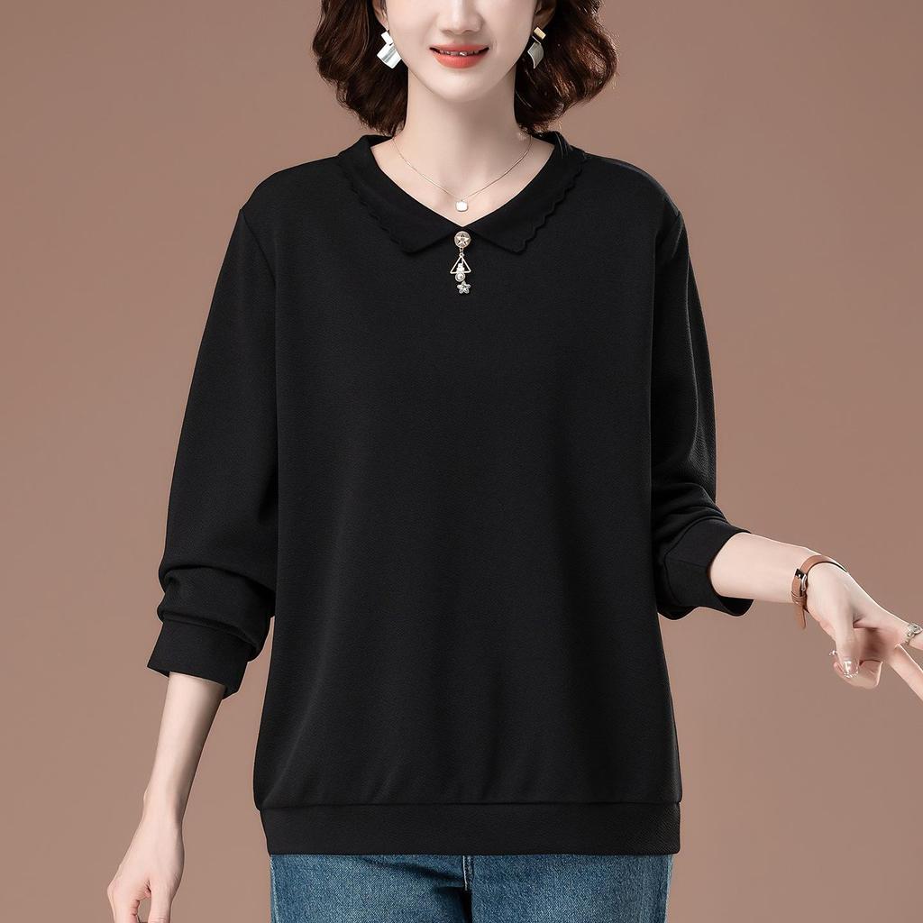 Plus Size Women's Autumn Long Sleeve Versatile Loose Turn-Down Collar T-shirt for Middle-Aged Moms