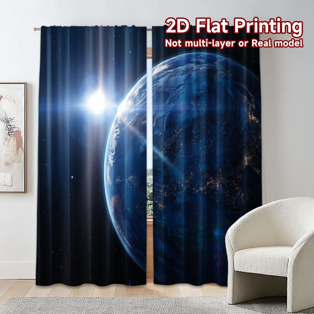 2pcs, 2D FLAT PRINTING Curtains (Without Rod) Earthrise Popular Popular Curtain 100% Polyester Curtains Decorations Inside