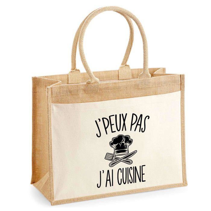 Sac de plage - PLANETEE - Jute avec poche « Cuisine Couteau Fourchette J'peux pas » - Coton - 43x33 cm - Imprimé en France