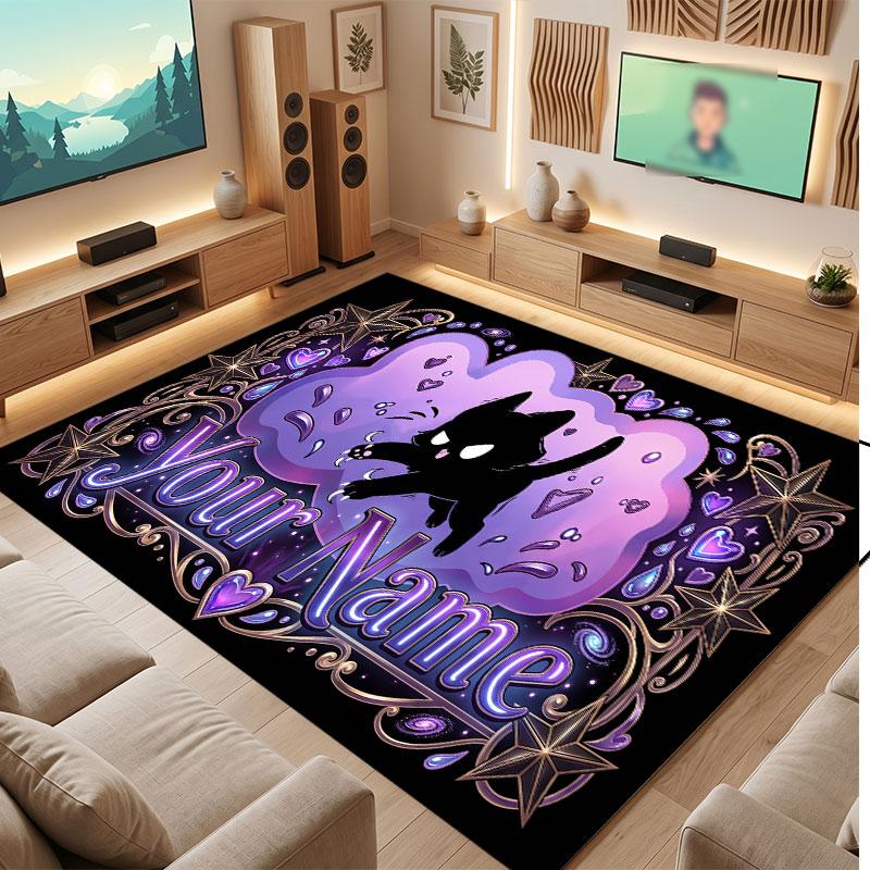 Cat Theme Crystal Velvet Floor Rug Personalized Custom Name Text Warm Carpet Home Decoration