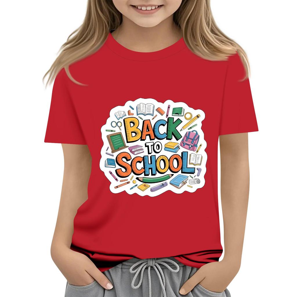 Children's Casual and Fashionable Round-Neck Printed Short-Sleeve Top for Back-to-School
