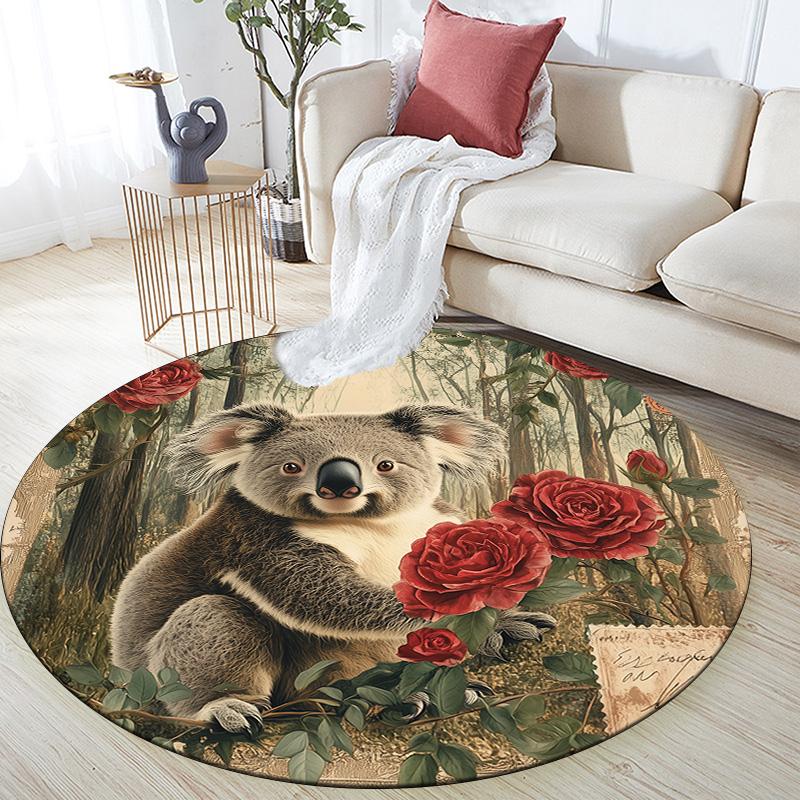 Vintage Rose Animals,Round Area Rug,Carpet Rug for Living Room Bedroom Sofa Playroom Decor,Non-slip Floor Mat