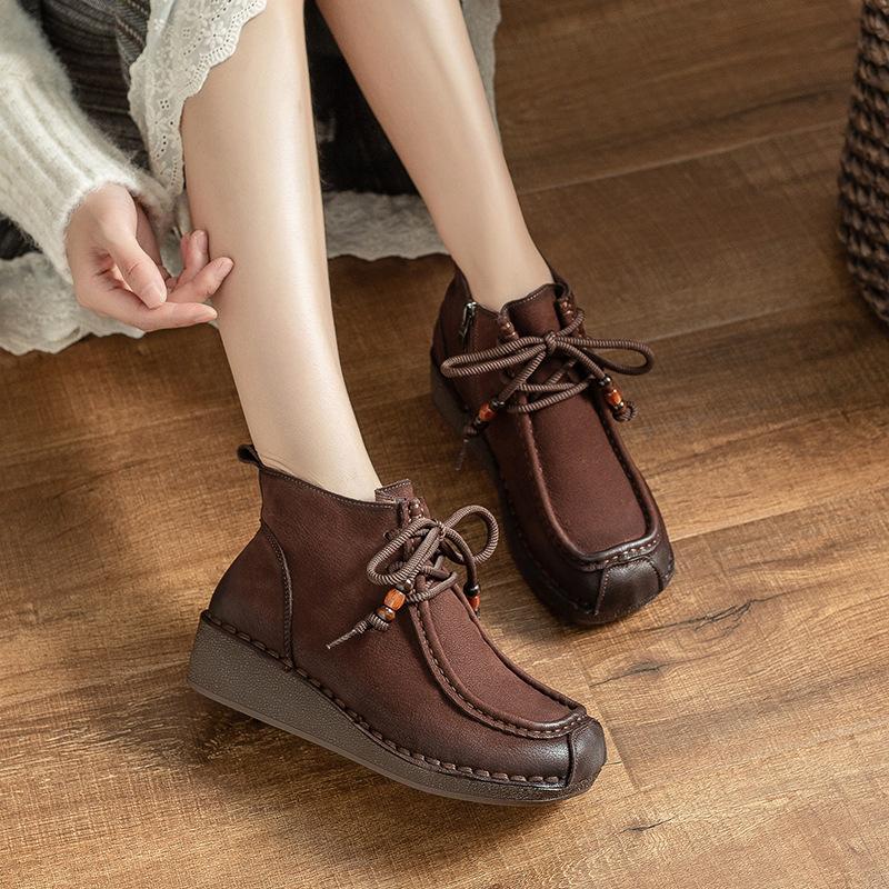 New High-top Fleece Women's Ankle Boots, Retro Wedge Heels, Soft-soled Side Zipper Women's Shoes