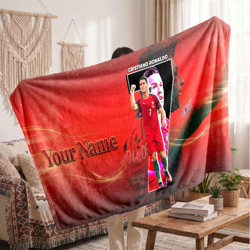 Cristiano Ronaldo Personalized Fleece Blanket With Football Logo, Custom Name Text Soft Warm Home Throw Blanket