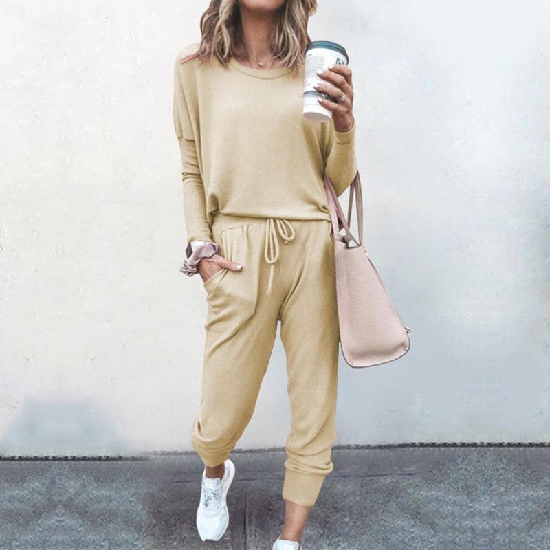 Women's Fashion Casual Spring Autumn Solid Color Print Long Sleeve O-Neck Trousers Pants Suits