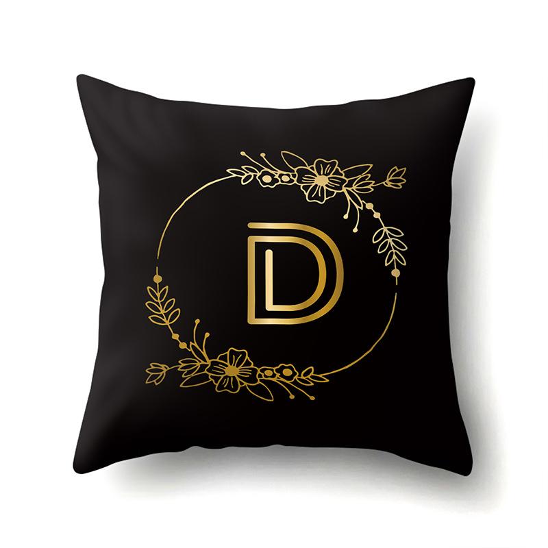 Polyester Pillowcase Black Gold Flower Home Decoration Print Pillowcase 26 English Letter Cushion Cover