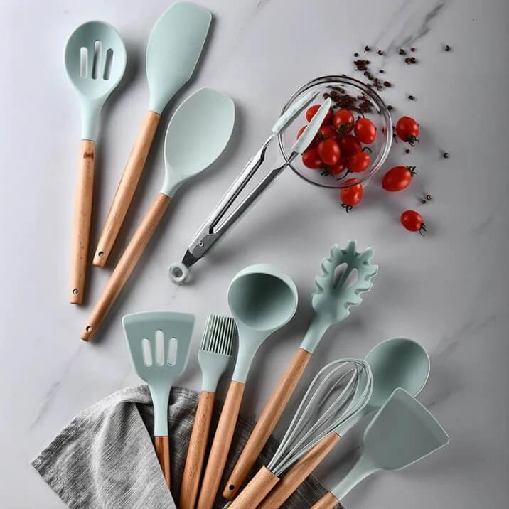 Kitchen Accessory Set Kitchen Utensils 12pcs. Silicone Bamboo Matte Set