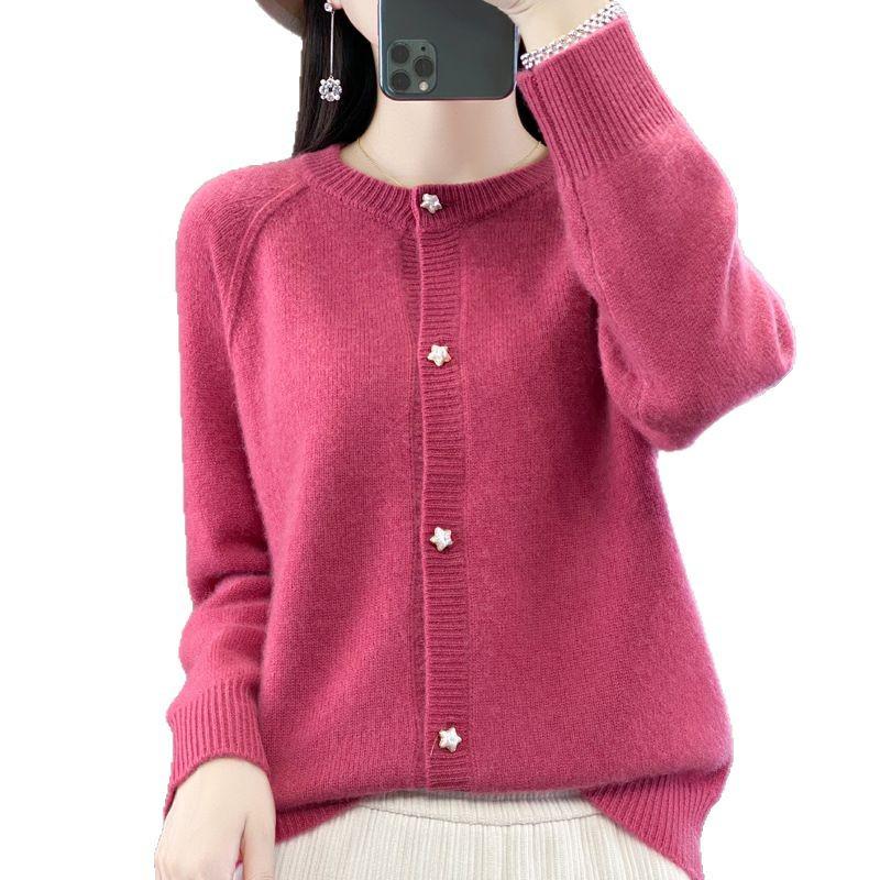 Women's 100% Cashmere Solid Color Cardigan - Round Neck, Long Sleeve (Autumn/Winter 2024)