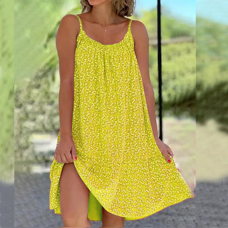 

Летнее повседневное женское модное платье с высокой талией Платья без рукавов для женщин Платье с цветочным принтом Платье с круглым вырезом Свободное платье Пляжное платье XL жёлтый