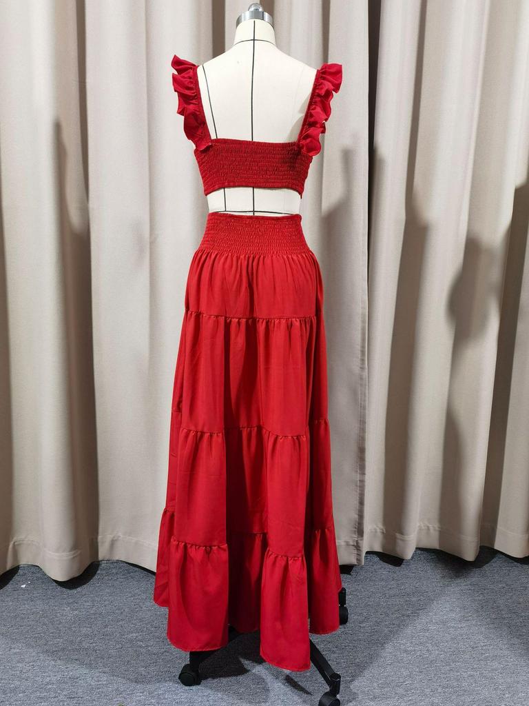 2025 Summer European & American Cross-Back Mid-Waist Solid Color Spaghetti Strap Swing Dress Set
