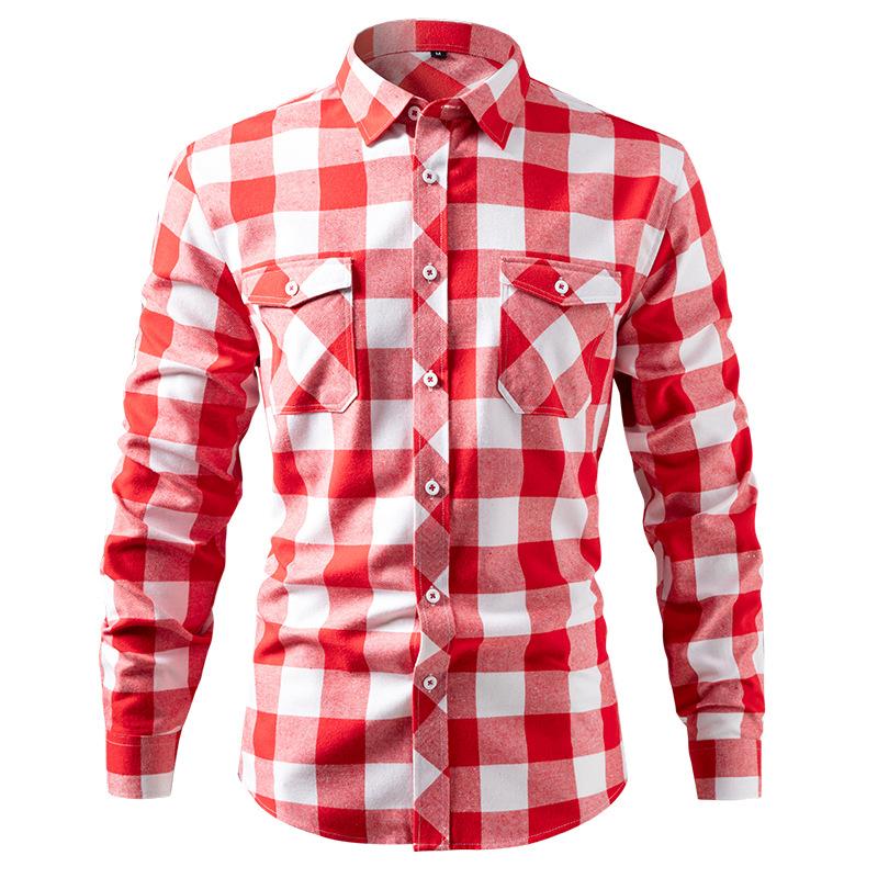 Mens Long Sleeve Plaid Shirt Turn Down Collar Chest Pocket Multiple Colors Checkered