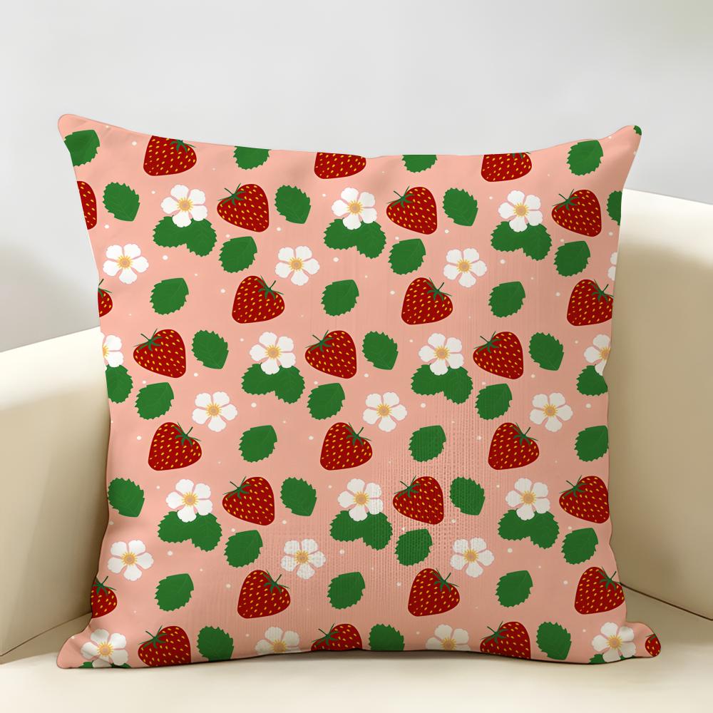 Cute Strawberry Girl Pink Cushion Cover Natural Linen Organic Fabric DoubleSided Printing Room Sofa Decor Pillow Case