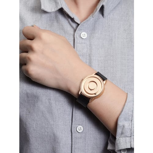 EUTOUR Men's Magnetic Watch with Ball Bearing Design, Quartz Movement, Minimalist Casual Design, Waterproof, 40mm, Rose Gold Dial, Black Stainless Ste