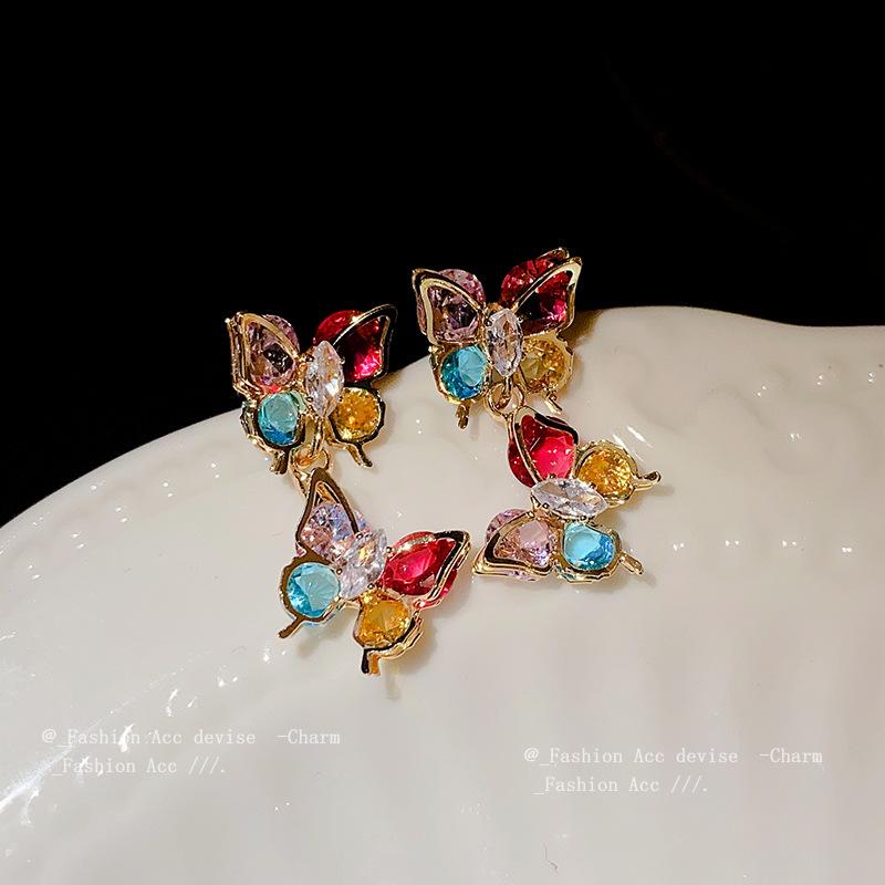 Silver Needle Color Zircon Butterfly Earrings Fashion Niche Temperament Earrings Light Luxury Personality Sweet Cool Wind Earrings Women