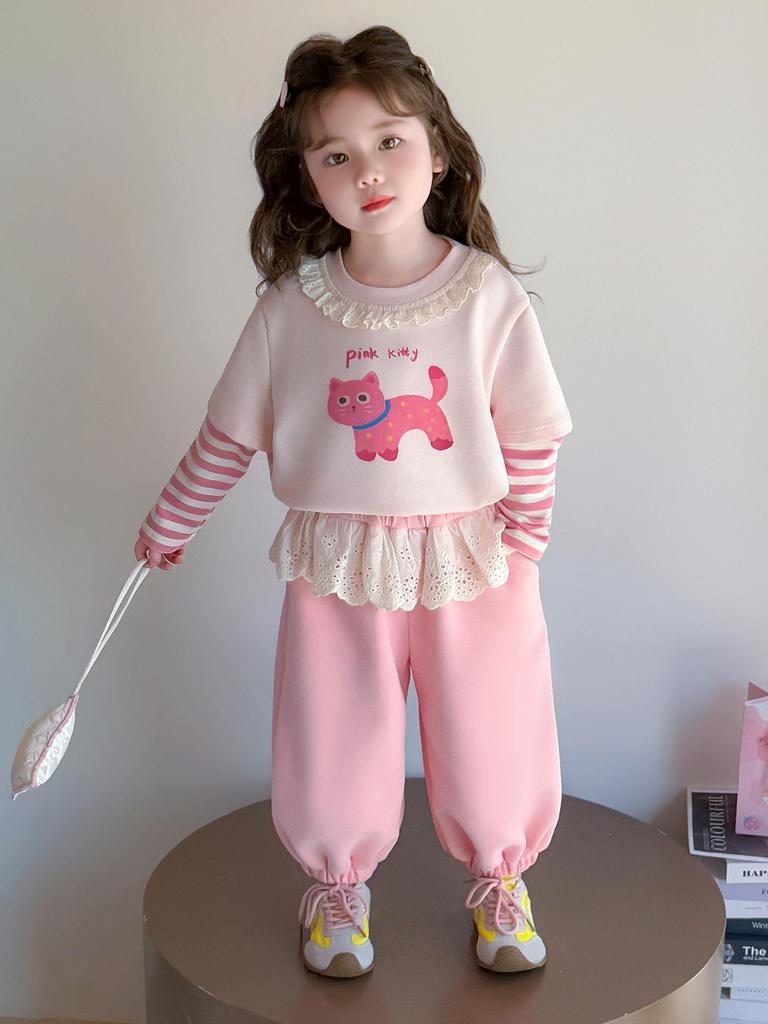 Mädchen Sweatshirt und Hose Set mit Spitzenkragen - Lässiger Frühlings-/Herbststil