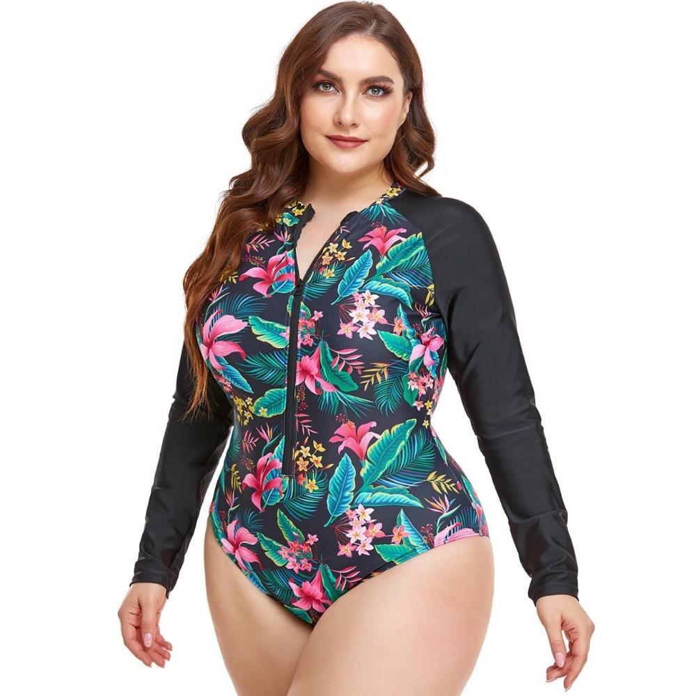 Large-size Long-sleeved Women's Swimwear Round Neck Zipper Print Splicing One-piece Swimsuit