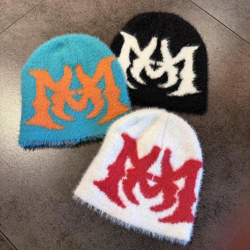 Fashionable Street Style Jacquard Faux Mink Plush Neutral Knitted Hat Winter For