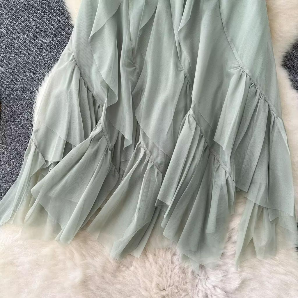 Letní Dámská Elegantní Sukně s Vysokým Pasem, Volánky, Síťovaná, Dlouhá Midi, Nepravidelná Tylová