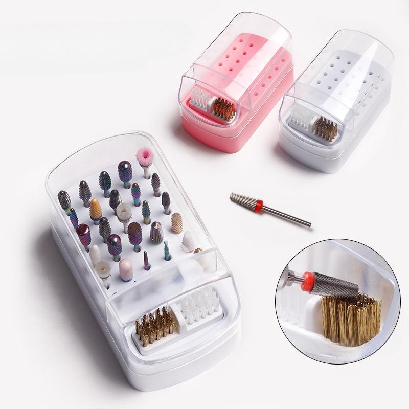 Nail Drill Bits Organizer with Cleaning Brush - 30 Holes Nail Art Drill Storage Box,All-in-One Design for Manicure&Pedicure Tool