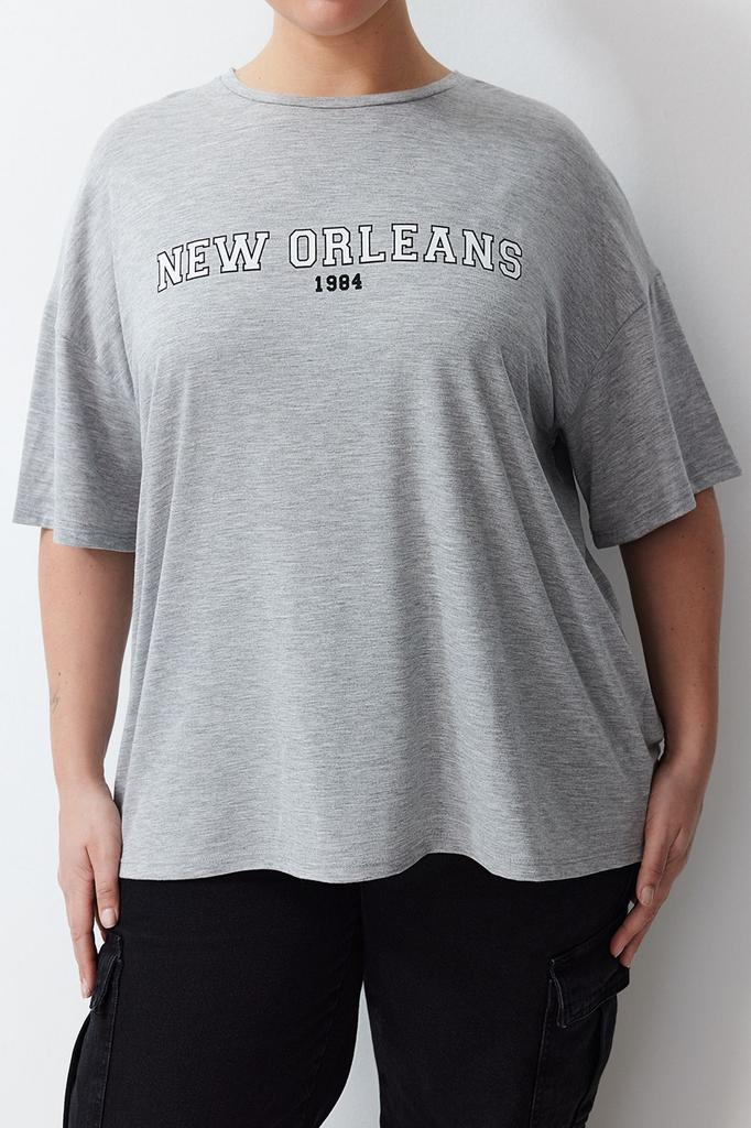 Damski Styl Plus Size Szary Melanżowy Drukowany Oversize Dzianinowy T-shirt