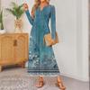 women retro printed long-sleeved comfortable loose dress, elegant dress