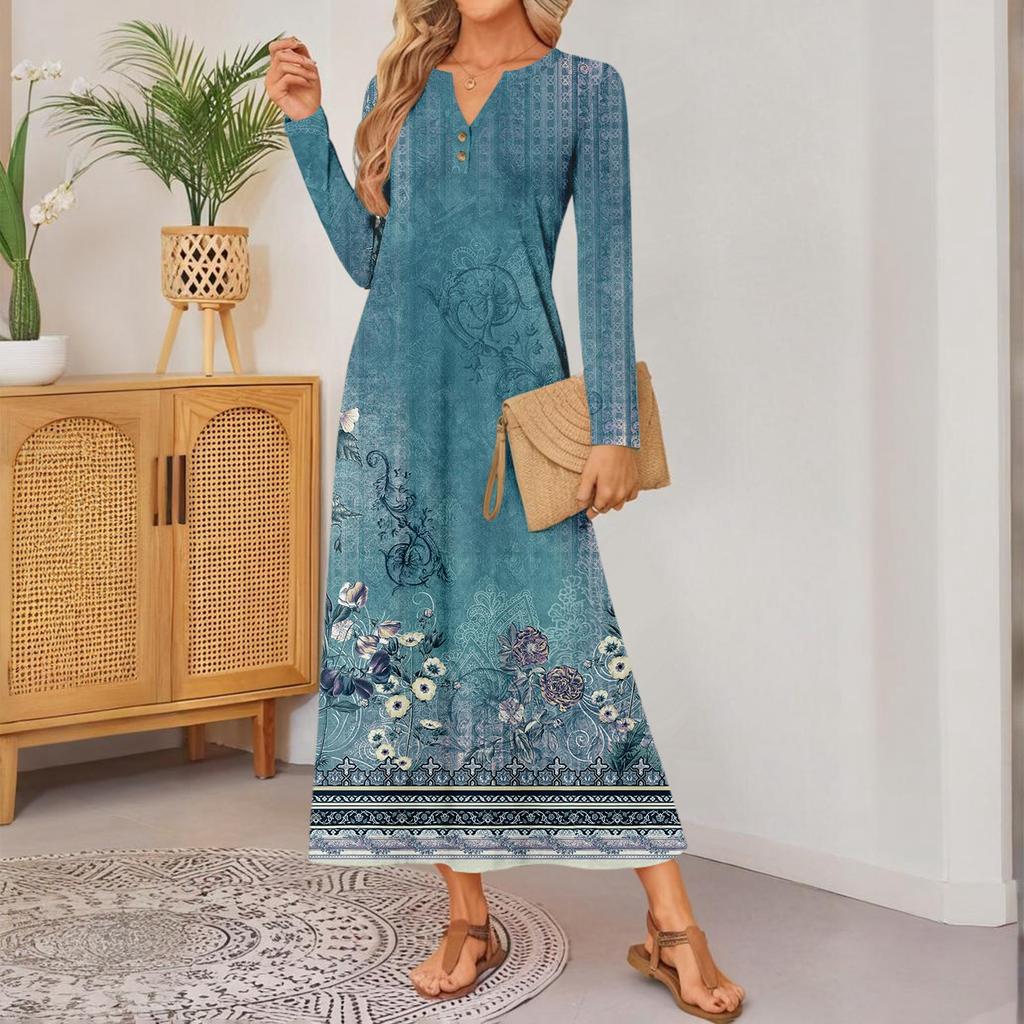 women retro printed long-sleeved comfortable loose dress, elegant dress
