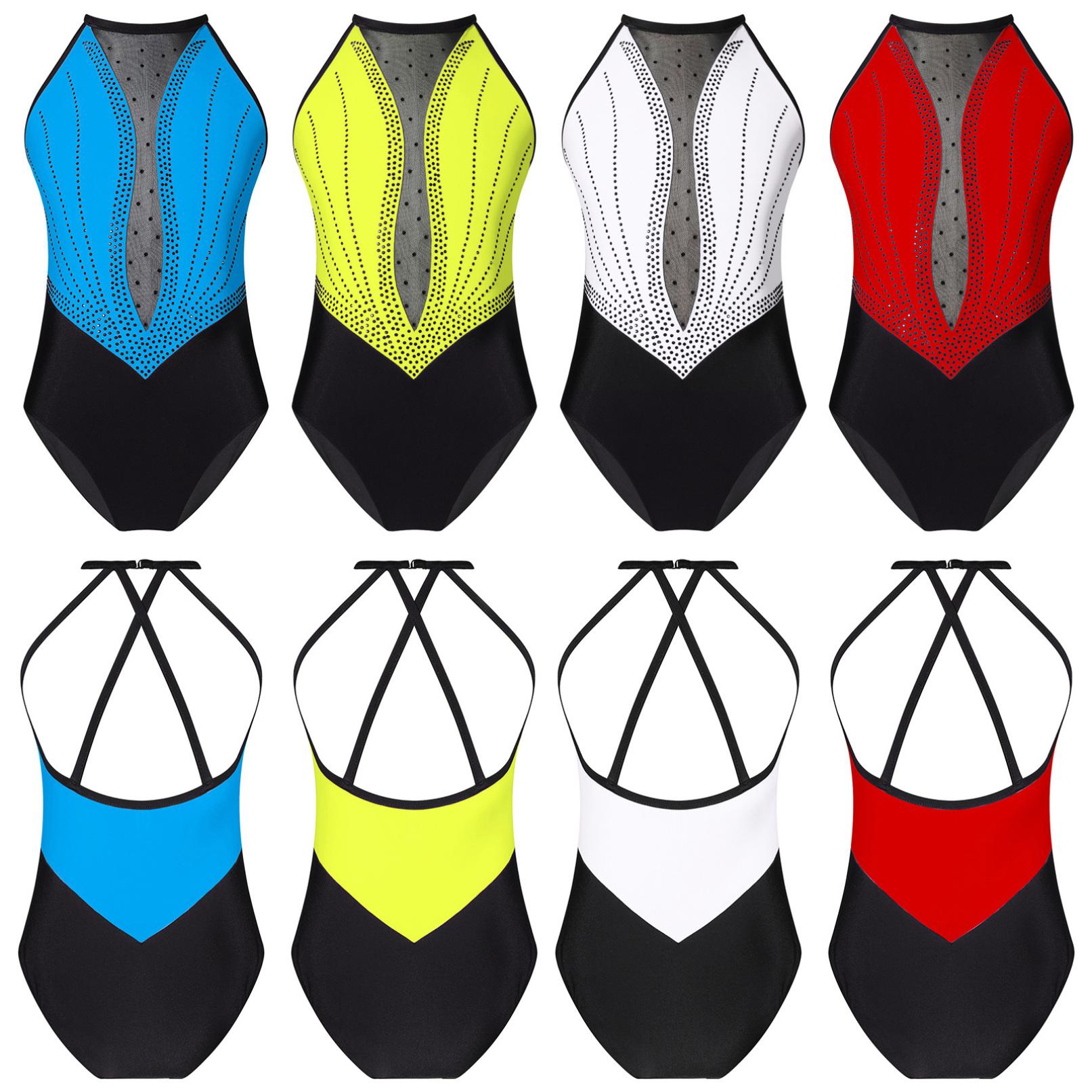 

Стильне трико без рукавів зі стразами для дівчаток із порожньою спиною, боді для фігурного катання. 5-6 Years білий