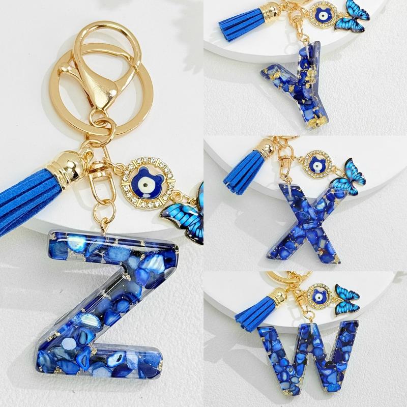 Fashion Blue Glazed Stone A To Z Letter Keychain 26 Initials Alphabet Butterfly Tassel Pendant Car Keyring Women Jewelry Gifts