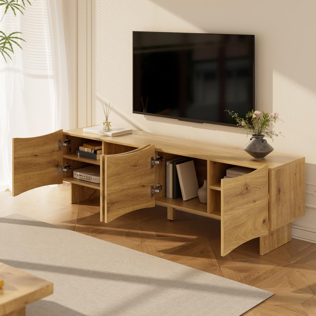 Modern TV cabinet with wave pattern – 155 cm media console with storage space, four doors and cable grommets in wood look, for the living room