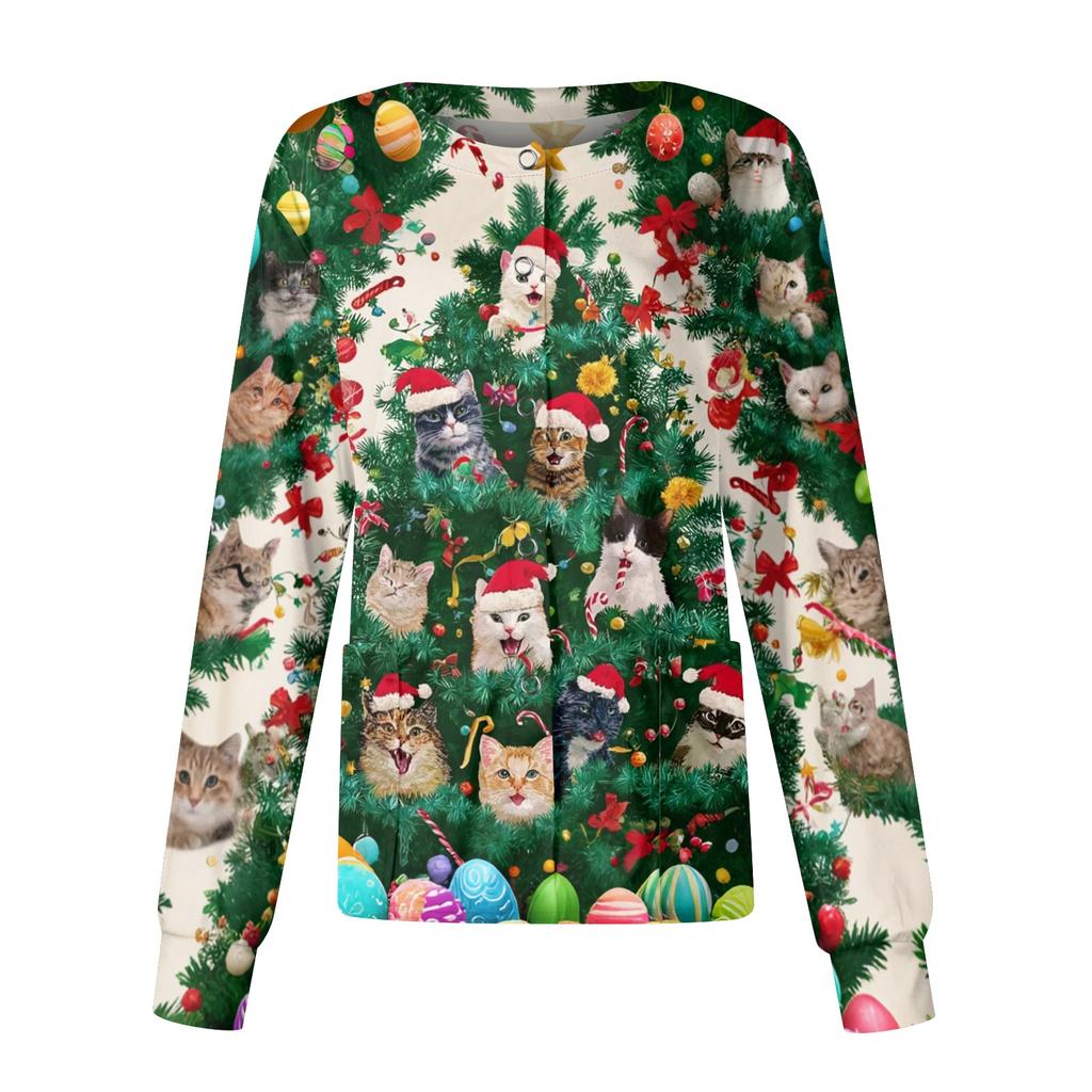 Women's Christmas-printed Casual Long-sleeved Single-breasted Work Uniform Cardigan