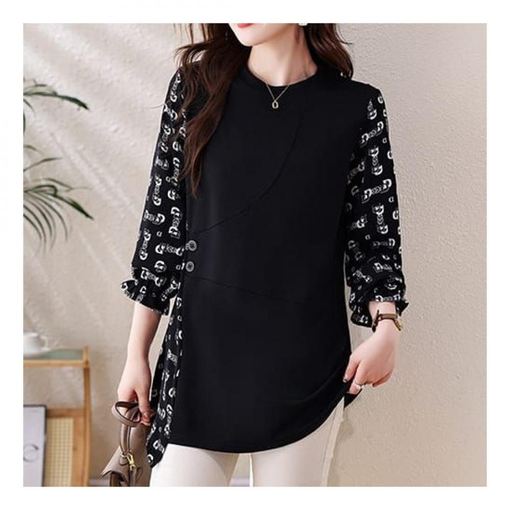 Navava Women Lettering Pattern Round Neck Long Sleeve Blouse Nb2336