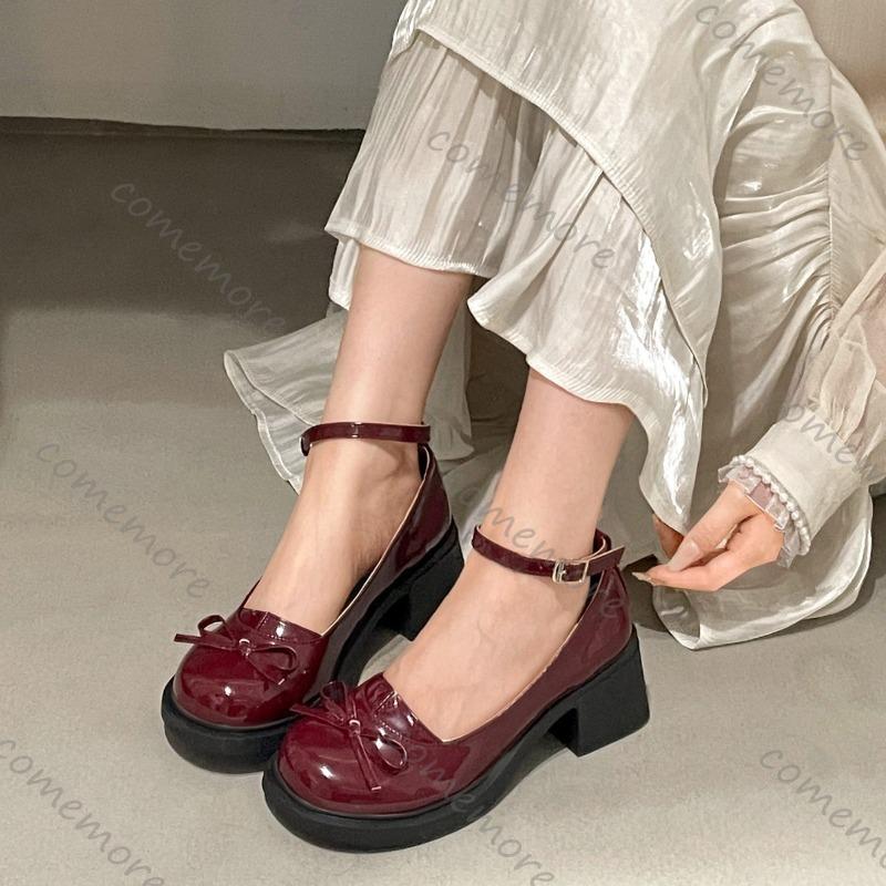 Fashion Comemore Red Mary Jane Women Pumps Thick High Heels Shoes Female Lolita Square Toe Shoes Spring Fashion Party Leather Woman Shoe