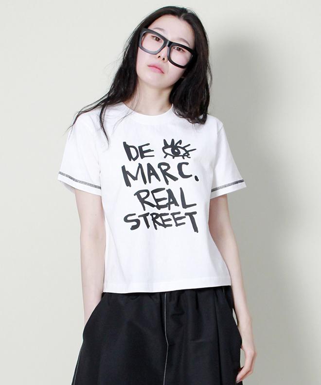 Deumakeu Logo Stitch Contrast Semi-Crop Short Sleeve T-Shirt Ivory