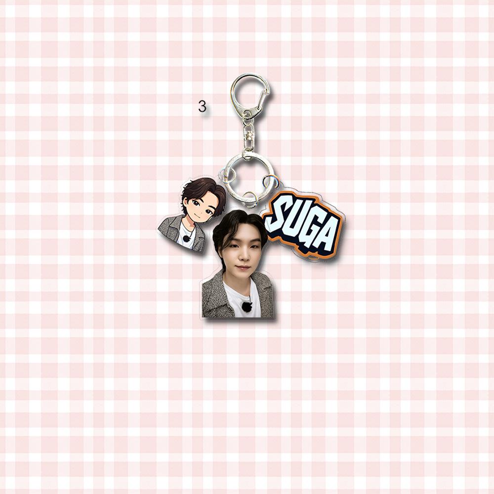 BTS 3-in-1 Acrylic Keychain, Bangtan Boys Real Photo + Cartoon Figure + Colorful Name Tag Triple Charm Keyring, Kpop ARMY Fans Bag Pendant