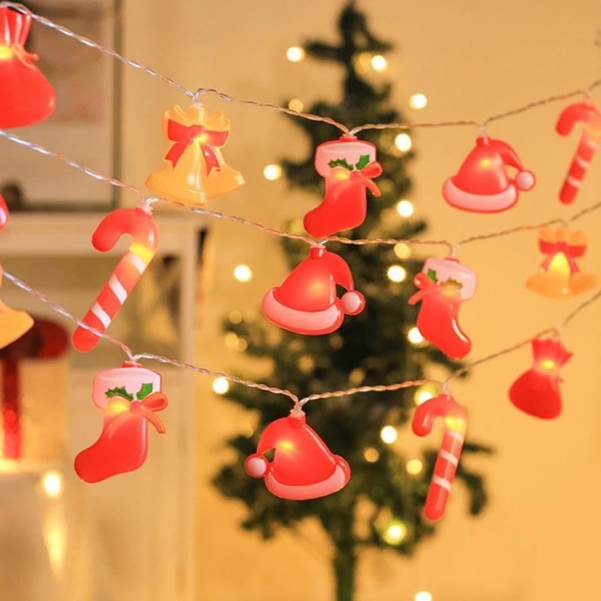 

1PC Christmas Candy Cane &Hat & Socks&Wallet & Bell LED String Lights Battery Operated Fairy Lights For Holiday Party Yard Decor 1.5M10LED теплим білим кольором