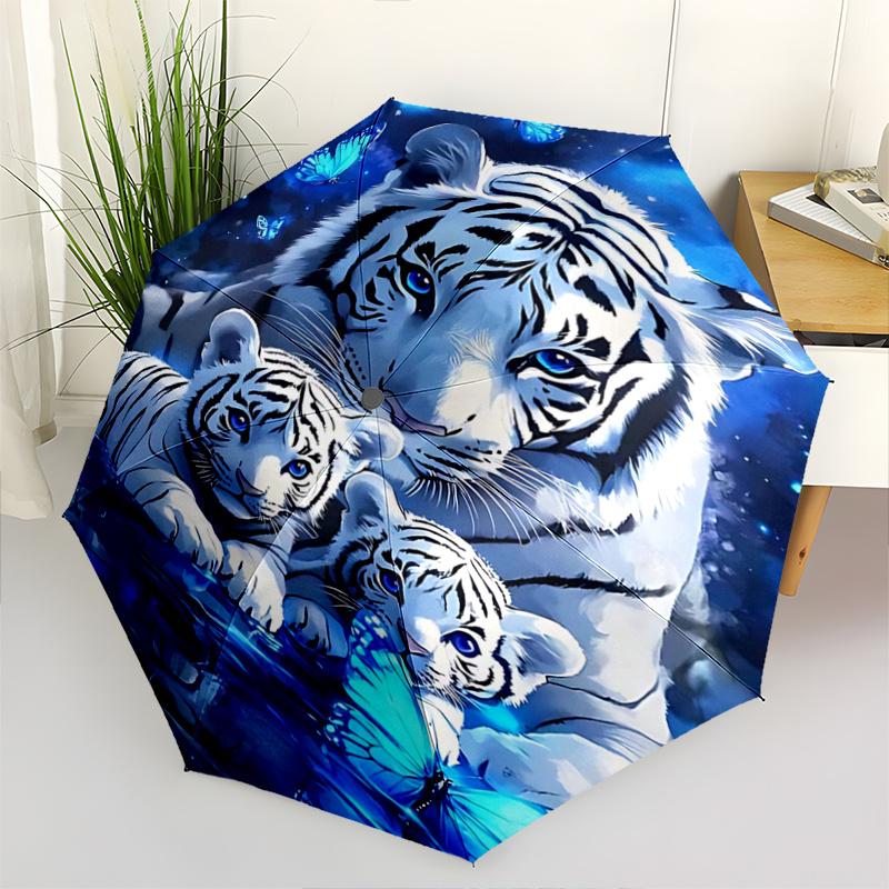 

1pc Blue Tiger Family Durable Cartoon Folding Umbrella, Portable 3-Fold Compact Umbrella for Men and Women, Suitable for Travel or Daily Use.S018