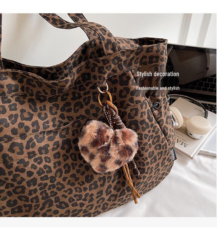 Korean Retro Leopard Print Canvas Tote Bag - Fashionable, Large Capacity, Shoulder/Underarm Style Suitable for Commuting and Shopping