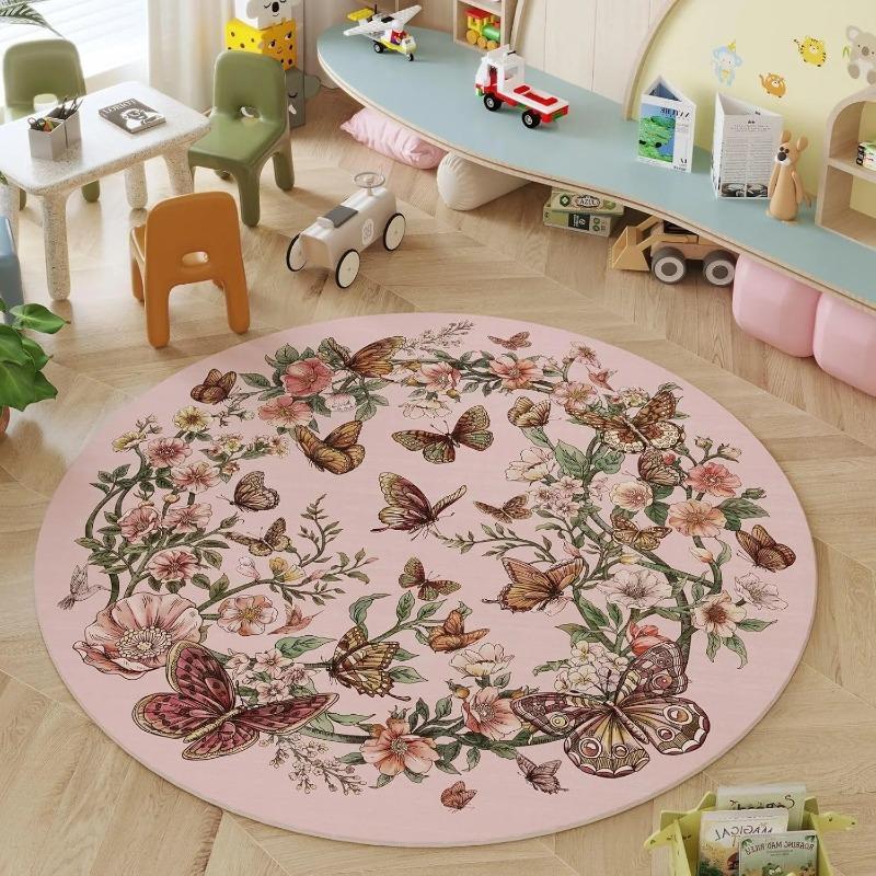 Round Living Room Carpet Foldable Machine Washable Boho Floral Butterfly Soft Circular Rug Bedroom Bedside Cloakroom Wool Rugs