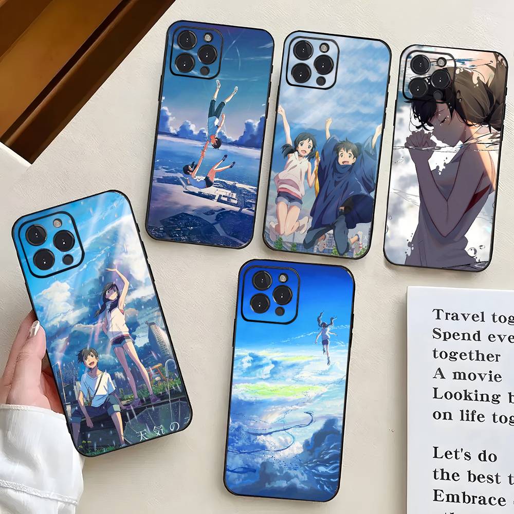 W-Weathering With You Animation Phone Case For IPhone 17 Air 16 15 14 13 Pro Max 11 12 Black Silicone Cover