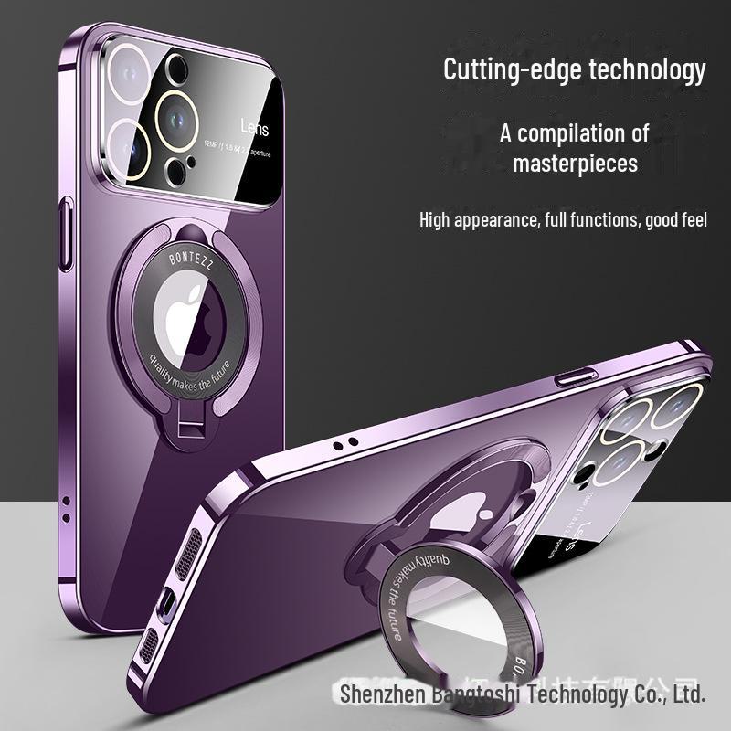 Magnetic Electroplating Clear Case for iPhone 15 Pro Max with Lens Film and New Style Bracket