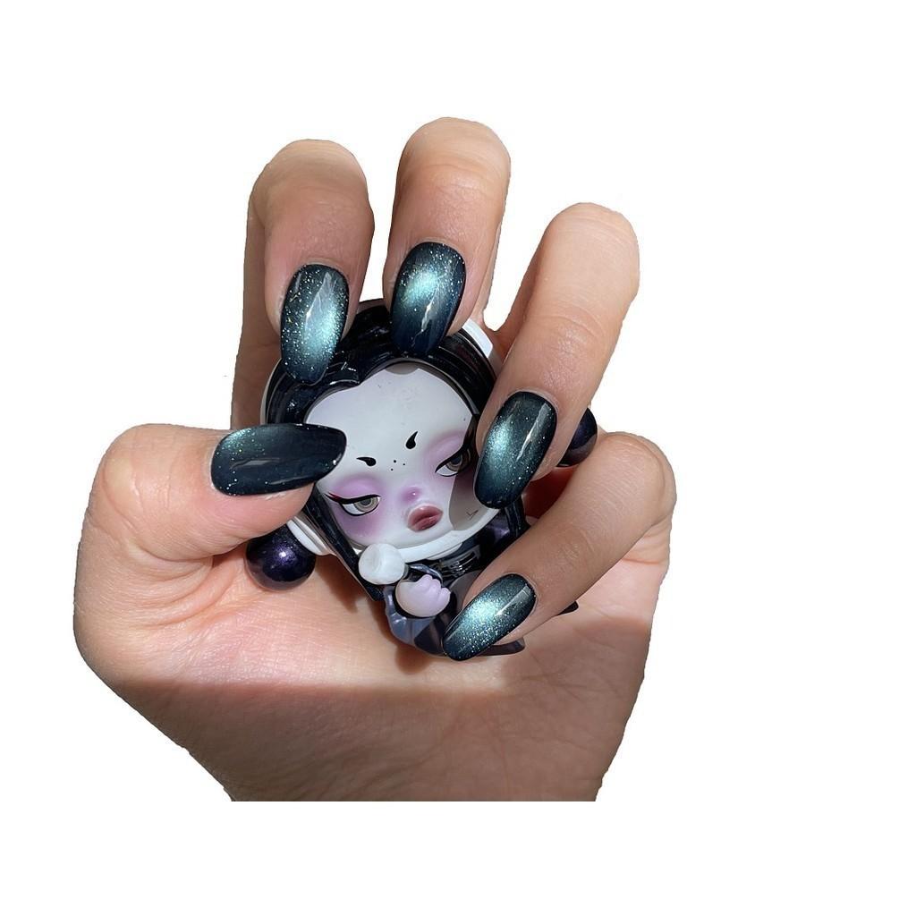 100% HANDMADE Oval Shape Fake Nail With Glue Dark Green Cat Eye Acrylic Press On Artificial Fake Nails Reusable Nails