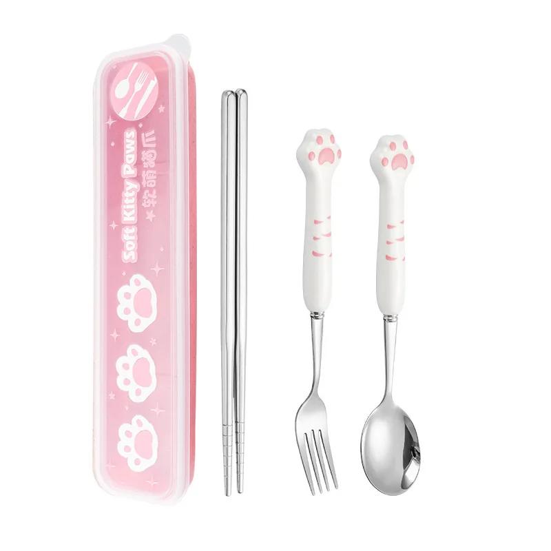 Cute Cat Claw Ceramic 304 Stainless Steel Tableware Spoon Fork Chopsticks Cute Cartoon Good Gift Cutlery Set