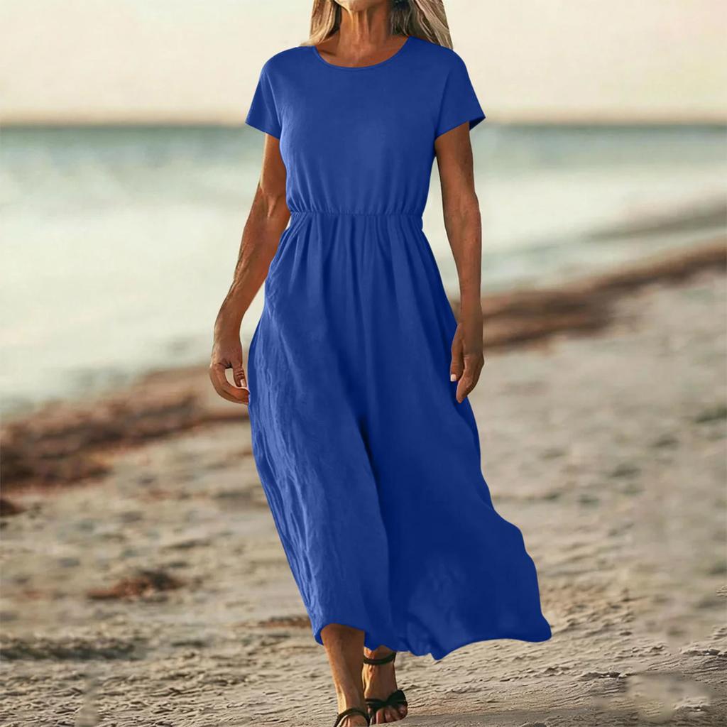 O-Neck Dress For Women Casual Comfy Cotton Linen Short Sleeve Tunic Beach Dresses With Pockets