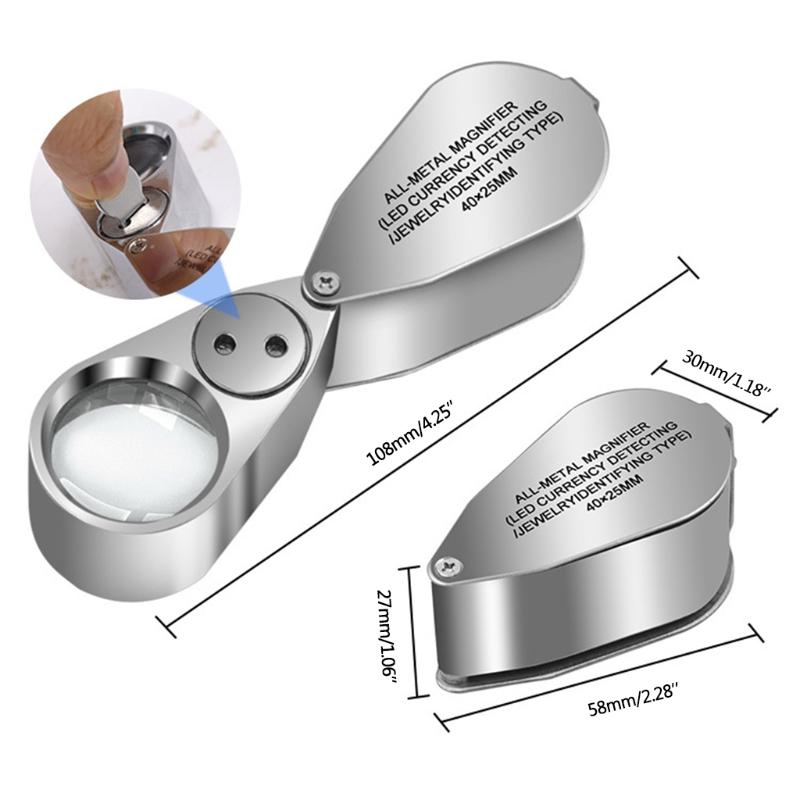40X Full Metal Illuminated Jewelers Magnifier Best Pocket Folding Magnifying Glass Jewelers Lens Eye Loupe with LED