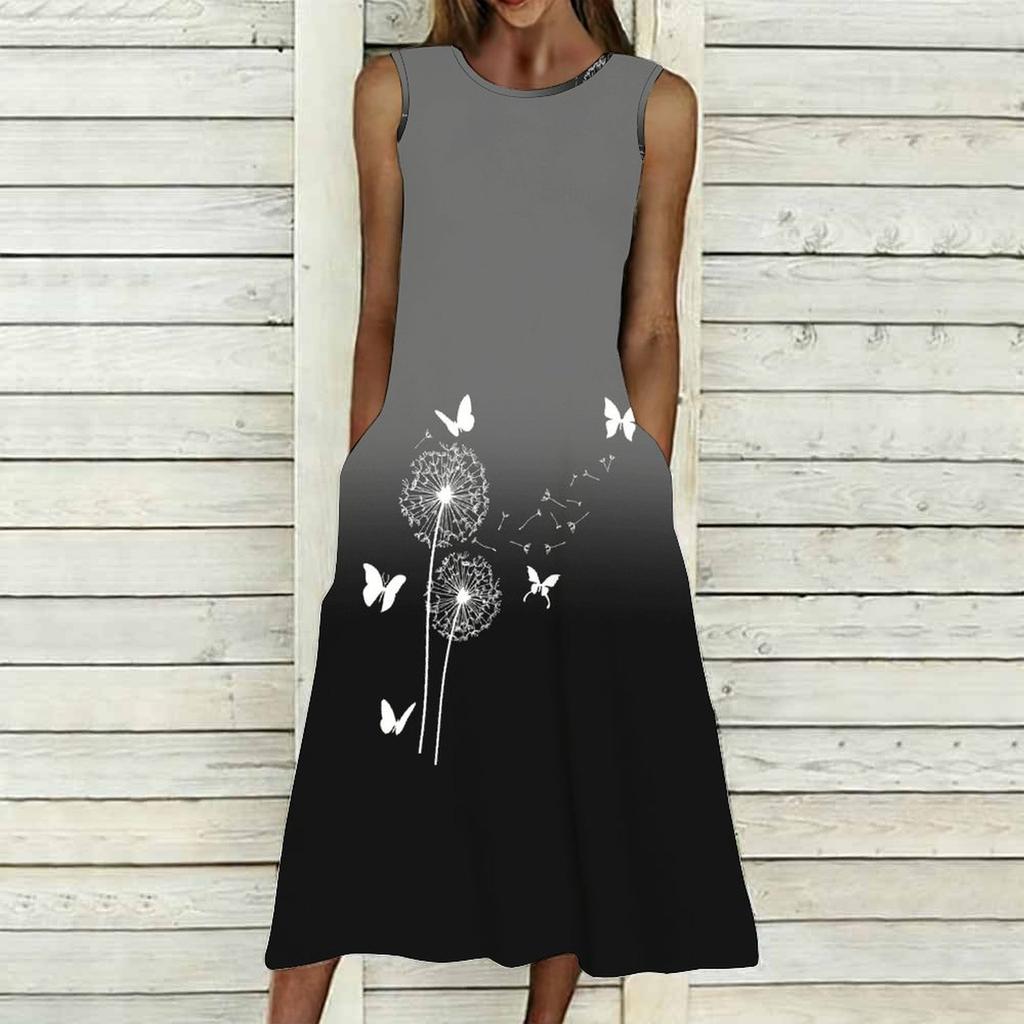Ladies Oversized Sleeveless Crew Neck Dress Bright Mixed Tropical Foliage Flowy Calf Length Dress