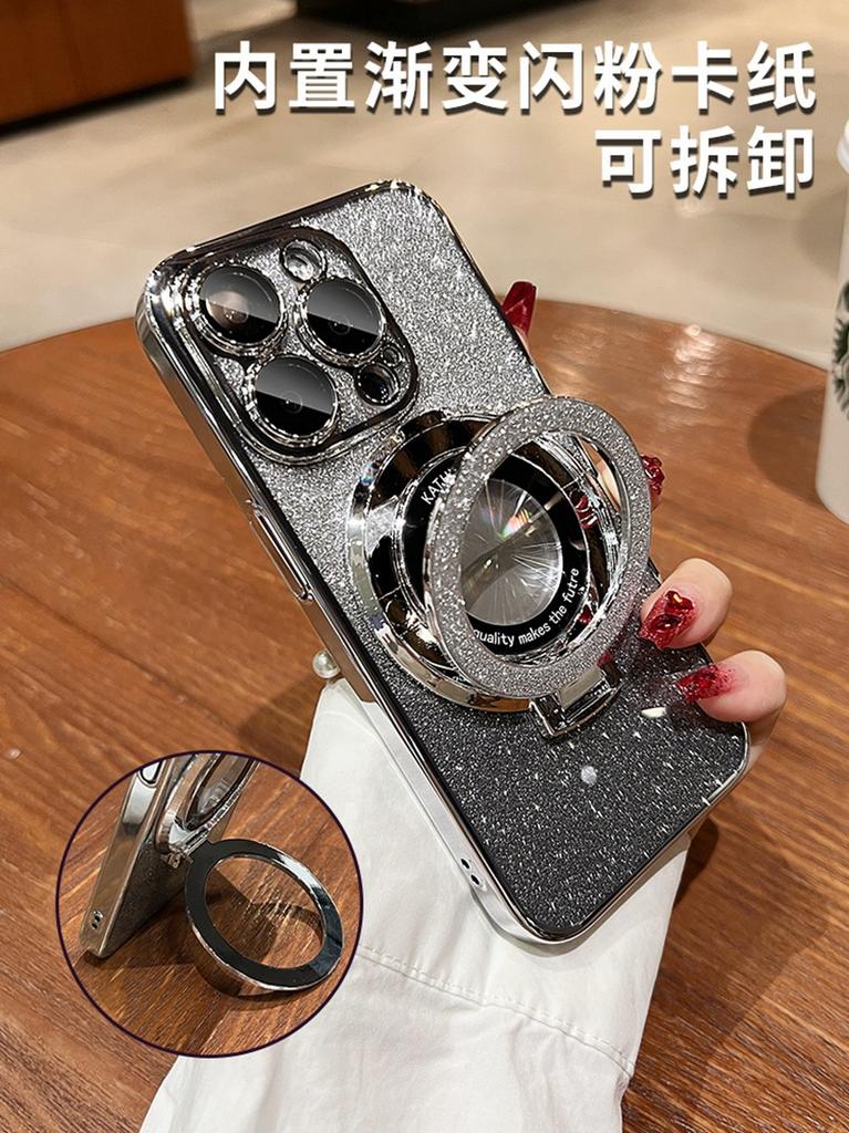 Electroplated Magnetic Suction Bracket Is Suitable for Samsung S24PLUS Mobile Phone Case, Luxury Glitter A22 A15 Fashionable Transparent Fine Hole