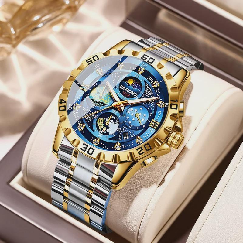 Zegarek Męski Biznesowy Stalowy Pasek Gwieździste Niebo Obraz Olejny Wodoodporny Podświetlenie Nocne Kalendarz Męski Modny Zegarek Kwarcowy