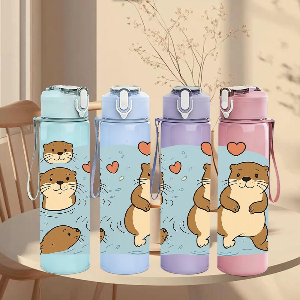 1PC Cute Otter Couple Animal Pattern 750ml Color Plastic Sports Water Bottle Leakproof Flip Straw Lid Suitable for Sports Office Home Use