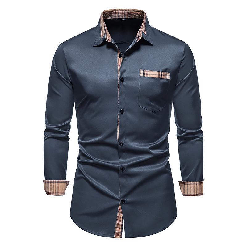 Men's Autumn Color Block Slim Fit Long Sleeve Checkered Collar Shirt