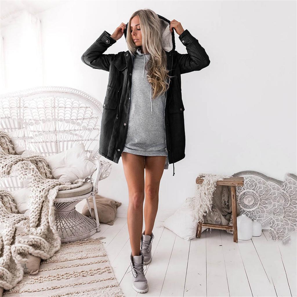 Dámská teplá džínová bunda s kapucí pro volný čas s dlouhým rukávem Dlouhý svrchní kabát Jean